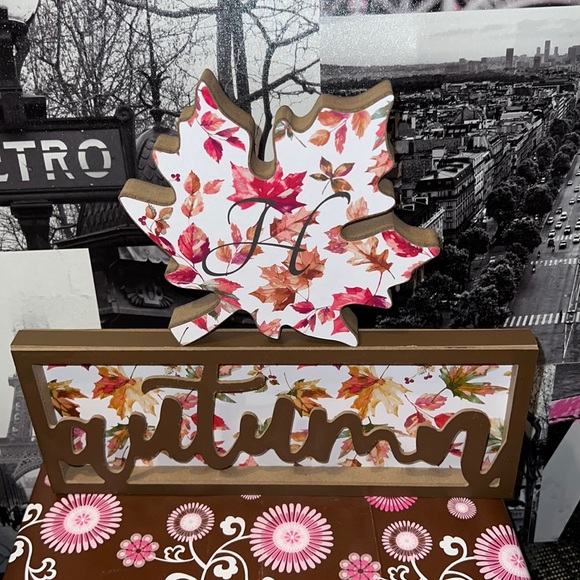 New Home Collection Fall/Autumn Leaves Shelf Sitter Decor Set with Initial “H” - Picture 2 of 7